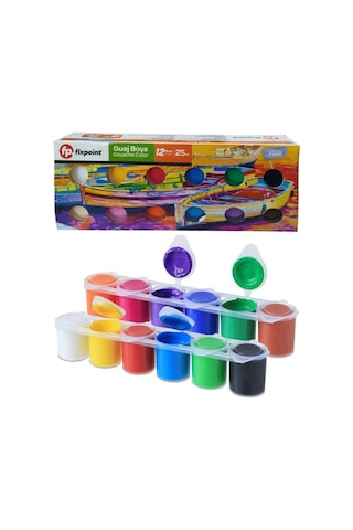 Guaj Boya 12 Renk 25ml 1 Paket Fixpoint Guajboya Seti 12 Li Su Bazlı Şişe Canlı Renkler Resim Okul Çok Renkli