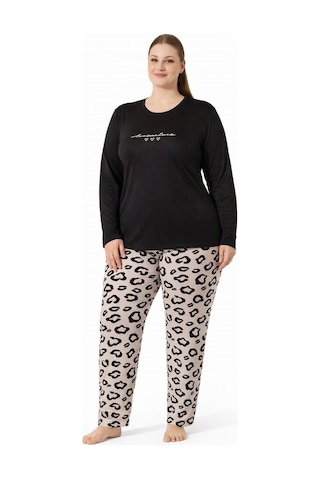 Pemilo Kadın 7261 Büyük Beden Uzun Kol Likralı Milan Pijama Takımı Siyah
