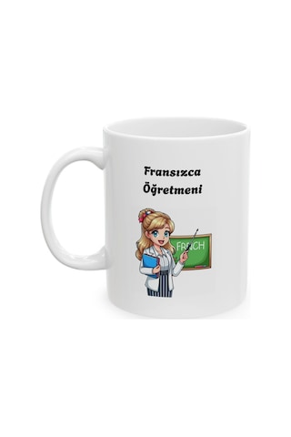 Kadın Fransızca Öğretmeni Hediyelik Baskılı Porselen Beyaz Lüks Kupa Bardak Beyaz