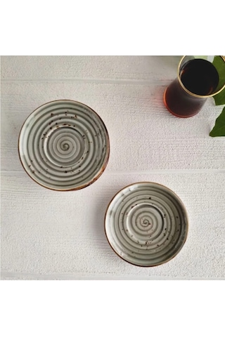 Madam İzmir Winter 6'lı Siyah Çay Tabağı - Modern Spiral Desenli Şık Sunum Tabağı Gri
