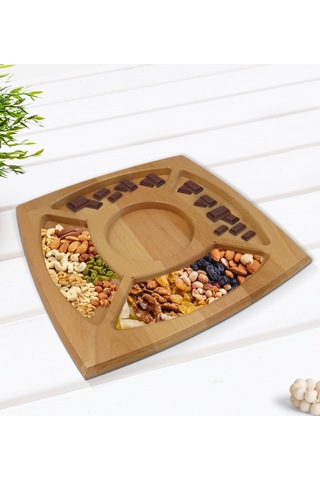 Bk Gift Doğal Masif Ahşap 4 Bölmeli Sunum Tabağı Çerezlik