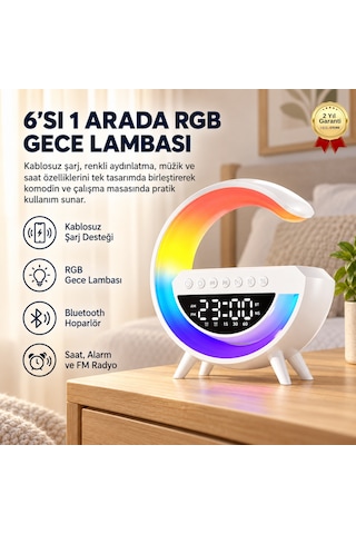 6'sı 1 Arada Kablosuz Şarjlı Rgb Gece Lambası Bluetooth Hoparlör Ve Alarm Saat-1755