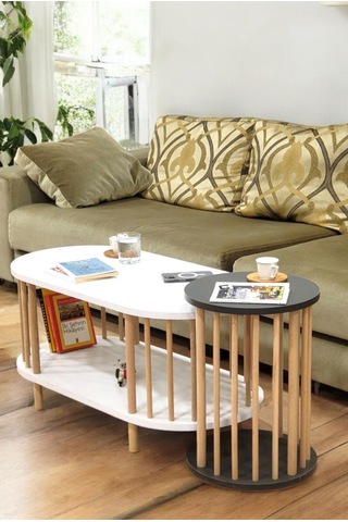 İkili Set Orta Sehpa Ahşap Ayaklı Sehpa İki Raflı Sehpa Dekoratif Sehpa Gazetelikli Beyaz - Antrasit