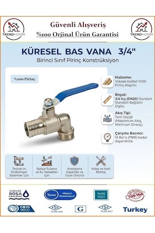 Trendhomm Küresel Bas Vana 3/4'' - %100 Prinç Malzeme 3/4''