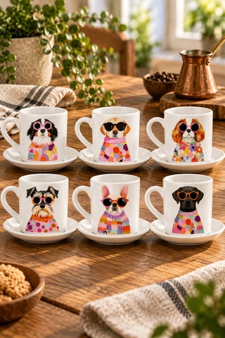Havalı Köpek Desenli 6'lı 12 Parça Kahve Fincanı Seti - Hediye Porselen Kahve Fincanı Seti Dog White