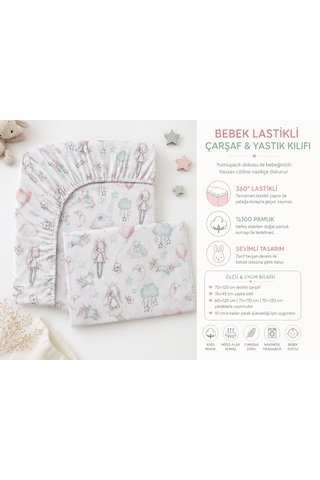 Minora Baby&kids %100 Pamuk Ranforce Anne Yanı Park Yatak Lastikli Bebek Çarşafı Ve Yastık Kılıfı Seti 70x120 - 35x45 - Peri Tavşan