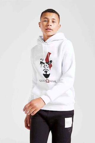 Tshirthane God Of War 2 Face Baskılı Unisex Çocuk Kapüşonlu Beyaz Sweatshirt