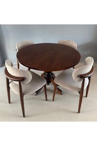 Elegansia Masa Takımı, Masif Ahşap Ayak, Klasik Tasarım, Yuvarlak Masa, 4 Brugge Sandalyeli Çok Renkli