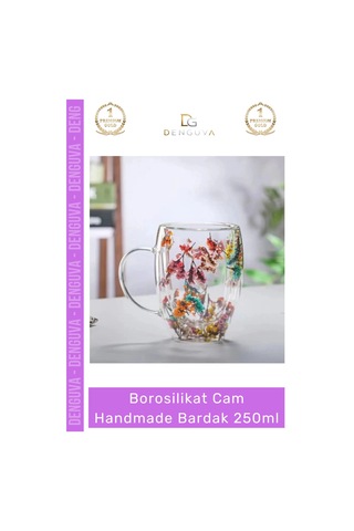 Borosilikatbardak Çift Camlı Kurutulmuş Çiçekli Borosilikat Isıya Dayanıklı Cam Handmade Kulplu Bar Çok Renkli