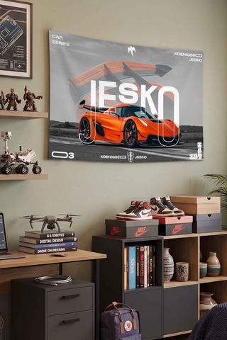 Koenigsegg Jesko Turuncu Süper Spor Araba Dekoratif Duvar Örtüsü Duvar Halısı Beyaz
