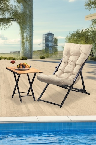 Retodesign 2 Li Sehpalı Metal Krem Şezlong Takımı