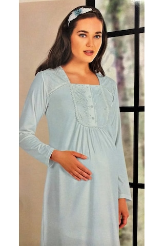 önden düğmeli loğusa gecelik Mavi