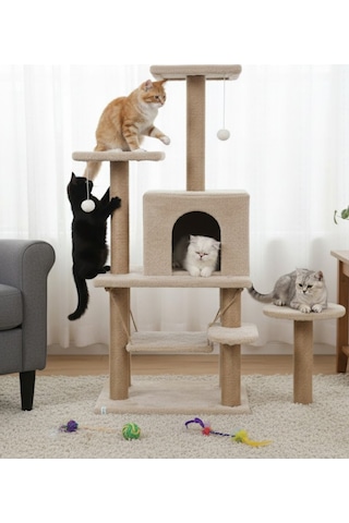 Reyo Pet Y01 Salıncaklı Yuvalı Lüx Kedi Tırmalama Oyun Evi Bej