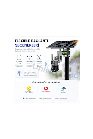 Uninet 4g Sim Kartlı Solar Çift Güneş Panelli 80 Watt 36x Optik Zoomlu Çift Kameralı Güvenlik Kamerası Router Özellikli