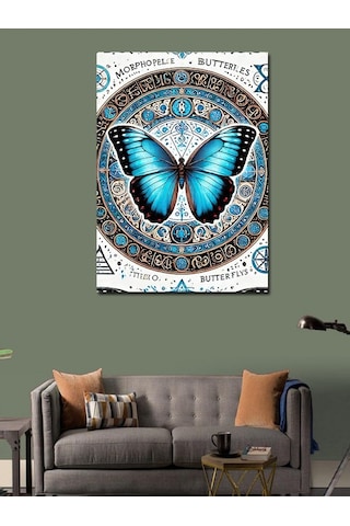 Kanvas Tablo Mavi Kelebek Ve Desenli Çerçeve 50cmx70cm
