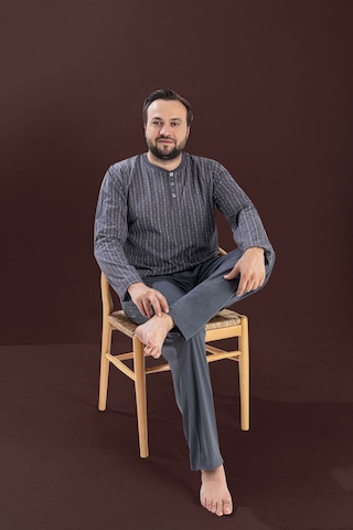 Seamlife Erkek Büyük Beden Bisiklet Yaka 3 Düğmeli Mevsimlik Uzun Kollu Pijama Takımı Desenli