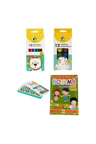 Pastel Boya + Uzun Kuru Boya + Sulu Boya + Harfler Boyama Kitabı Boyama Seti
