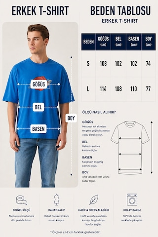 Neco Giyim Unisex Oversize Geniş Kesim %100 Pamuk Yumuşak Dokulu Basic Desenli Bisiklet Yaka Tişört Mavi