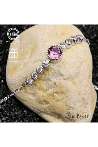 Melody 925 Gümüş Kadın Bileklik Pembe Taş Detaylı Parlak Taşlı Zarif Tasarım, Ayarlanabilir Şık Bileklik Gümüş