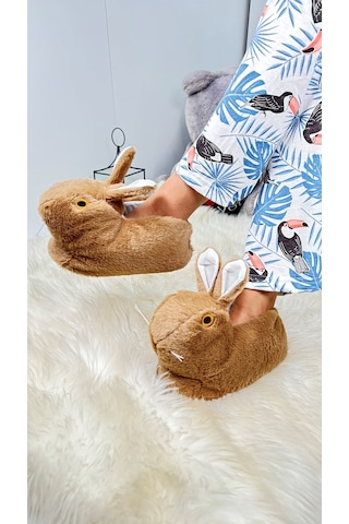 Kadın Panduf Tavşan Figürlü Peluş Ev Botu Desenli Düz Taban Rahat Hafif 359 Kahve