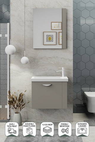 Biani Fix Maxila 60 cm Banyo Dolabı,Seramik Lavabolu, Aynalı,Lavabo Dahil,Mdf,Latte