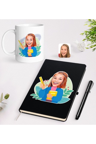 BK Gift Kişiye Özel Öğretmen Karikatürlü Siyah Defter Kalem Kupa