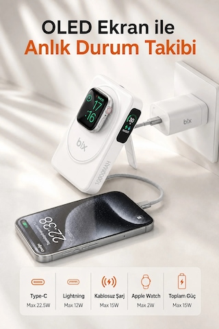 Diğer - Beyaz - Kablosuz Magsafe Powerbank 10000 Mah 20w Hızlı Şarj 15w Standlı Apple iPhone Uyumlu 12-13-14-15-16-17