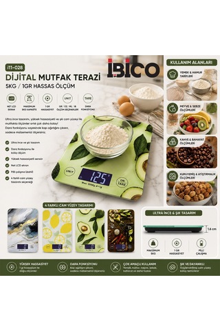 İbico İ11-028 Mutfak Tartısı Terazi 5kg/1gr Pilli Lcd Ekran Gr/oz/ml/ıb Ölçüm Cam Diğer