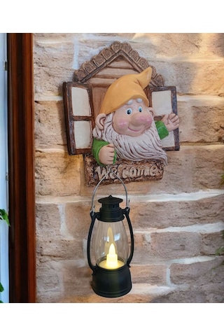 1 Adet Dekoratif Duvar Ve Bahçe Süsü Fenerli Sevimli Cüce Sarı