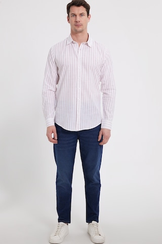 Tudors Erkek Slim Fit Dar Kesim Uzun Kollu %100 Pamuk Keten Doku Çizgili Gömlek-42653 Beyaz