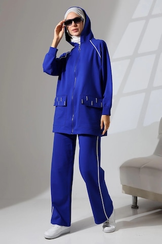 Kadın Saks Mavisi Mevsimlik Penye Alt Üst Spor Ve Rahat Ikili Tunik Pantolon Şık Tesettür Takım Saks Mavisi