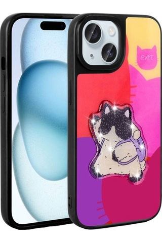 Apple Uyumlu iPhone 14 Kılıf Parlayan Kabartmalı İkonik Figürlü Zore Amas Silikon Kapak Mor