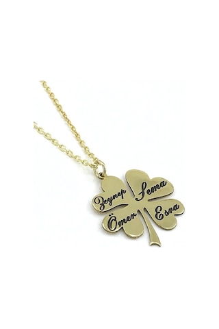 Magümüş İsimli Yonca Yaprağı Aile Kolyesi Altın Kaplama Gümüş Kolye
