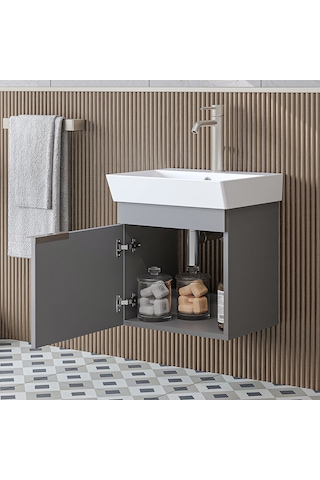 Likya Ayaksız Tek Kapaklı Lavabolu 49 Cm Banyo Dolabı Alt, Mini Lavabolu Alt Banyo Dolabı Kül Gri