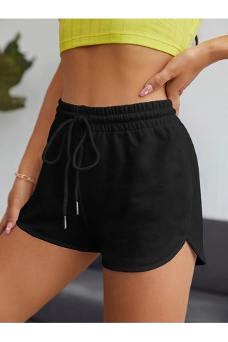 Siyah Yırtmaçlı Bermuda Penye Şort - Penye Baskılı Kordonlu Siyah