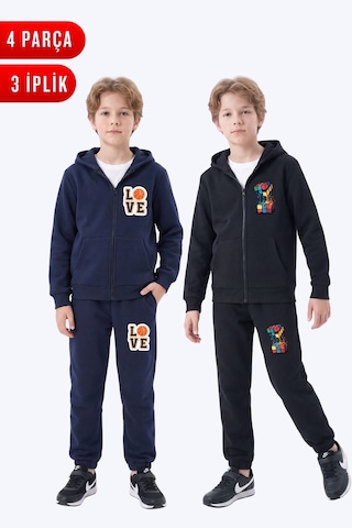 Panios Kids 3 İplik Baskılı Erkek Çocuk Fermuarlı Kapüşonlu 2'li Eşofman Takımı 4 Parça Lacivert-siyah