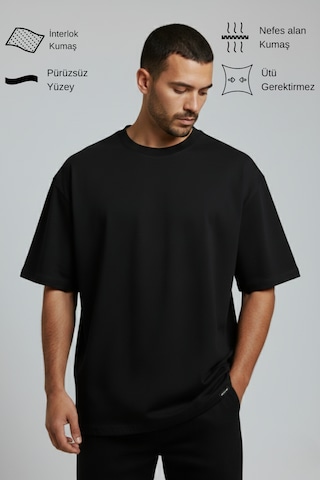 Allunique Erkek Pamuklu Oversize Bisiklet Yaka Siyah T-shirt