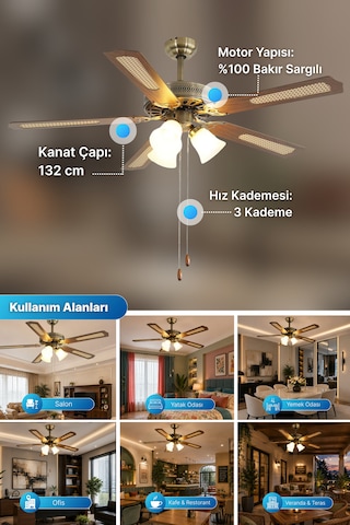 Reyo Lodos Ahşap 132cm İpli Bakır Motor 3 Lambalı Tavan Vantilatörü Ahşap