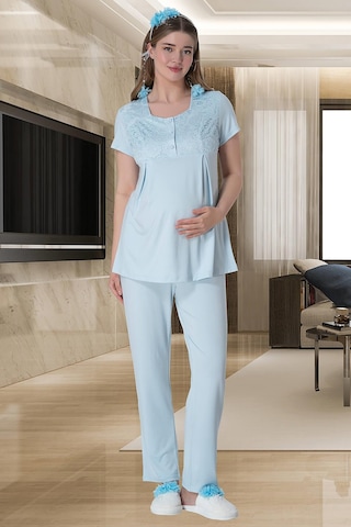 Mecit Pijama Mecit 6000 Mavi Dantel Sabahlıklı Lohusa Pijama Takımı