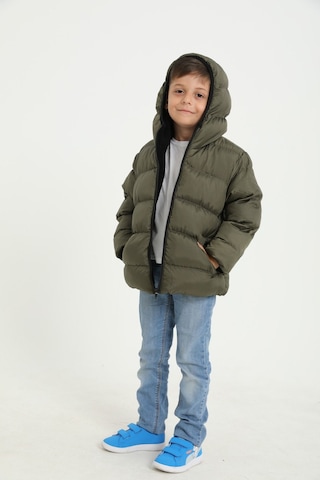 Erkek Çocuk Haki İçi Polarlı Kapüşonlu Su Geçirmez Rüzgara Dayanıklı Cepli Şişme Kışlık Mont Haki