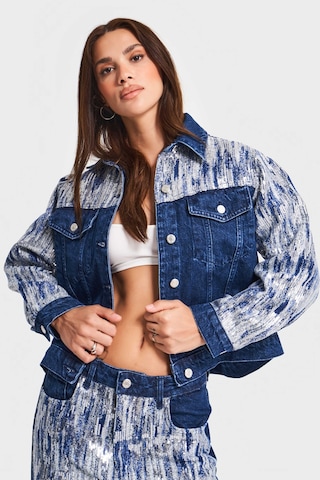 Kadın Mavi Renk 1w5-4 Oversize Pullu Özel Kumaş %100 Koton Tasarım Denim Ceket