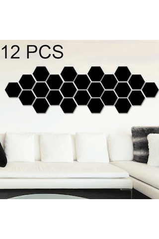 Sones 12 Adet 3d Altıgen Ayna Duvar Sticker Seti, Boyut: 4 4cm Siyah Diğer