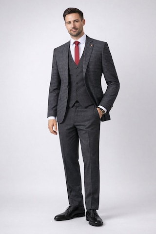 Fabio Cassel Slim Fit Mono Yaka Çift Yırtmaçlı Astarlı Takım Elbise Yelekli Füme