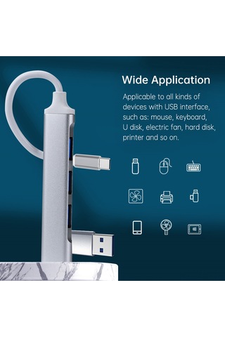 Mufunye Alüminyum Kasa 4 Usb 3.0 Portlu Type-c + Usb Çift Fonksiyonlu Hub Genişletme Dökümü - Gümüş
