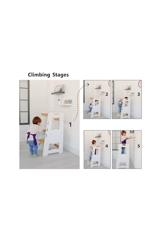 Minera Ahşap Montessori Öğrenme Kulesi / 2-6 Yaş / Beyaz + Nat. Beyaz