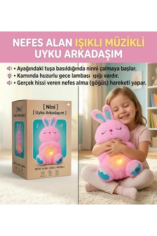 Nefes Alan Işıklı Müzikli Uyku Arkadaşı Tavşan 30 Cm Ninni Söyleyen Göğsü Hareketli Uyku Oyuncağı Pembe