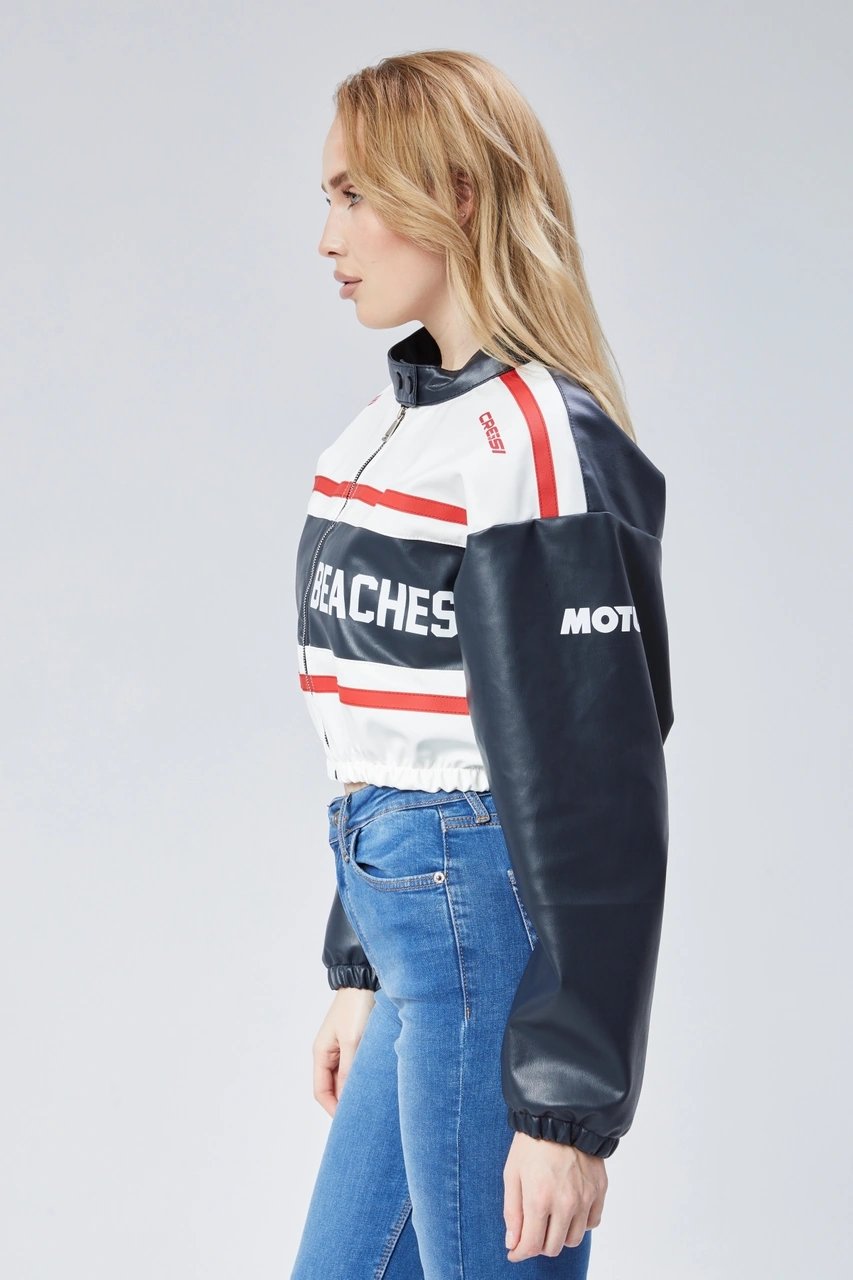 Kadın Deri Baskılı Şeritli Ceket Beli Ve Kolu Lastikli Kolej Hakim Yaka Bomber Yarışçı Motorcu Mont Lacivert