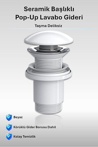 İz Yapı Elixir Seramik Pop-up Lavabo Gideri Seti Parlak Beyaz Taşma Deliksiz Standart Ölçü