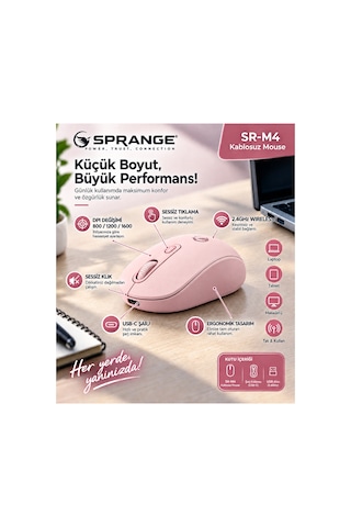 Sprange Sessiz Tık Şarj Edilebilir Kablosuz Mouse - Bluetooth 5.4 & 2.4ghz Çift Modlu Mouse Sr-m4 Pudra