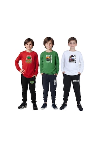 3'lü Erkek Çocuk Baskı Detaylı Sıfır Yaka Alt-üst Takım Çok Renkli